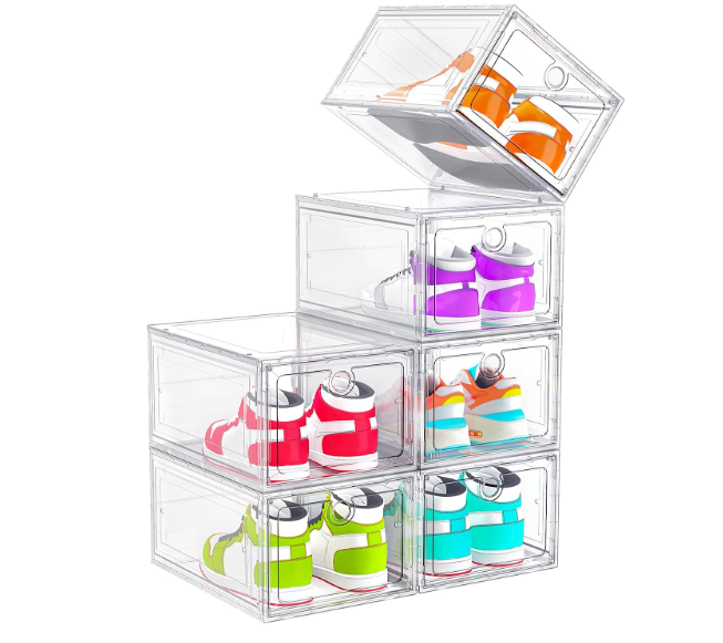 ARSTPEOE 6 Pack Upgrade Harder Shoe Organizer, Shoe Storage with Magnetic Front Door, Clear Shoe Boxes Foldable Space-Saving Shoe Rack for Sneaker Boot Container, Black