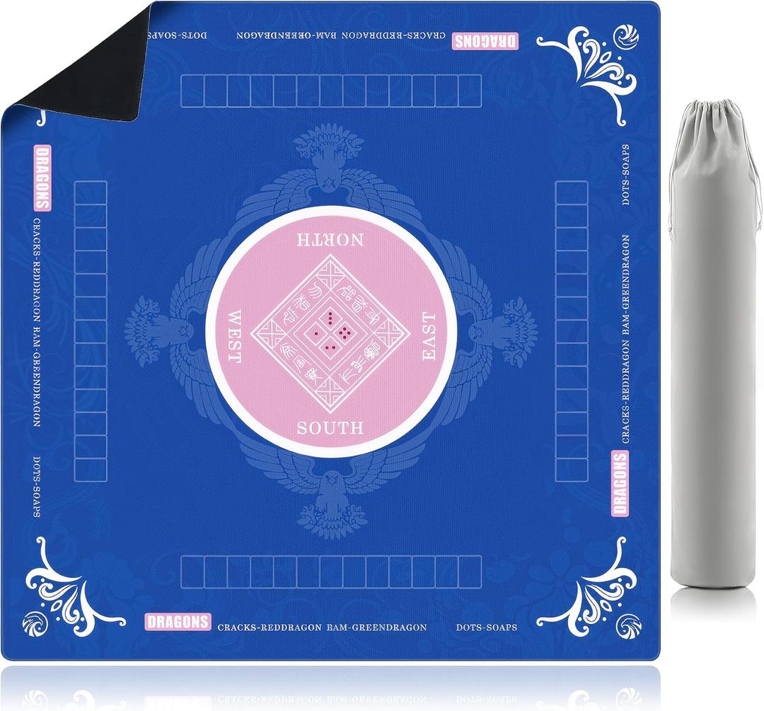 SelfTek Mahjong Mat - 31.5" x 31.5" Anti-Wrinkle Mahjong Mat for Table, Anti Slip Noise Reduction Gaming Mat with Carrying Bag, for Mahjong/Board/Poker/Card Games/Dominoes (Blue)