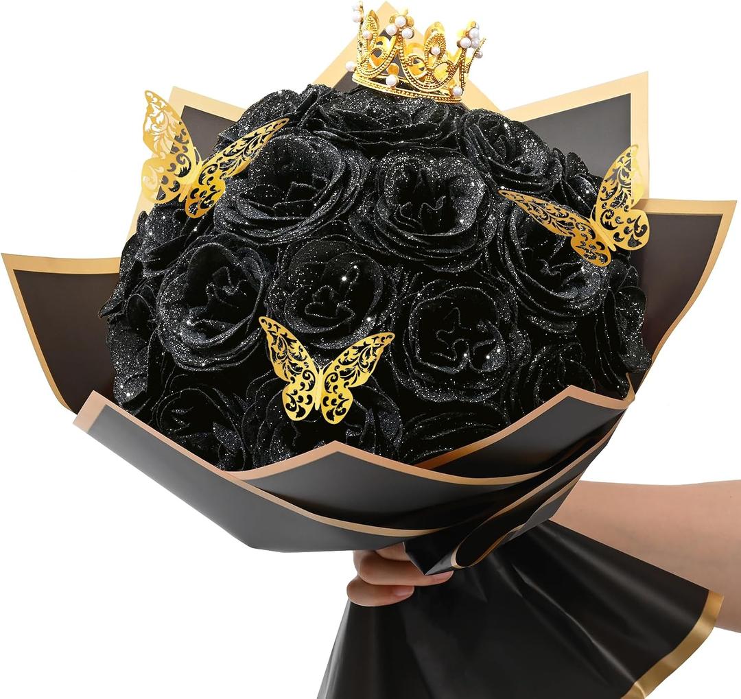 Waipfaru Black Glitter Roses Bouquet, DIY Flowers Bouquet, Birthday Gifts for Women Mom Grandma Wife Girlfriend, 24 Pcs Fake Rose for Valentines, Mothers Day, Anniversary, Graduation Gifts