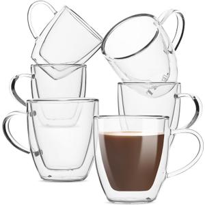 Double Wall Glass Coffee Mugs, 16 oz, Set of 6, Double Glass Coffee Cups, Double Wall Coffee Mugs, Double Insulated Coffee Mugs, Clear Latte Mugs, Glass Coffee Mug, Clear Mugs