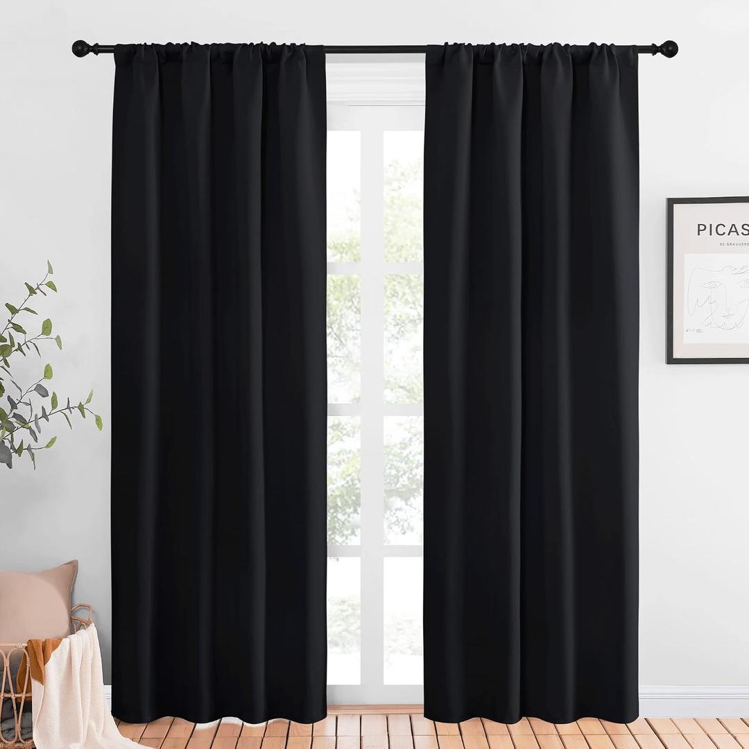 NICETOWN Living Room Blackout Shades - All Season Rod Pocket Thermal Insulated Solid Blackout Curtains/Drapes for Living Room (Set of 2, 42 inches by 84 Inch, Black)