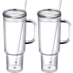 40 oz plastic tumbler with handle and Straw Lidclear tumblerDouble Wall Vacuum Reusable plastic Water Bottle Travel Mug CupClassic Acrylic Tumblers (2 Pack)