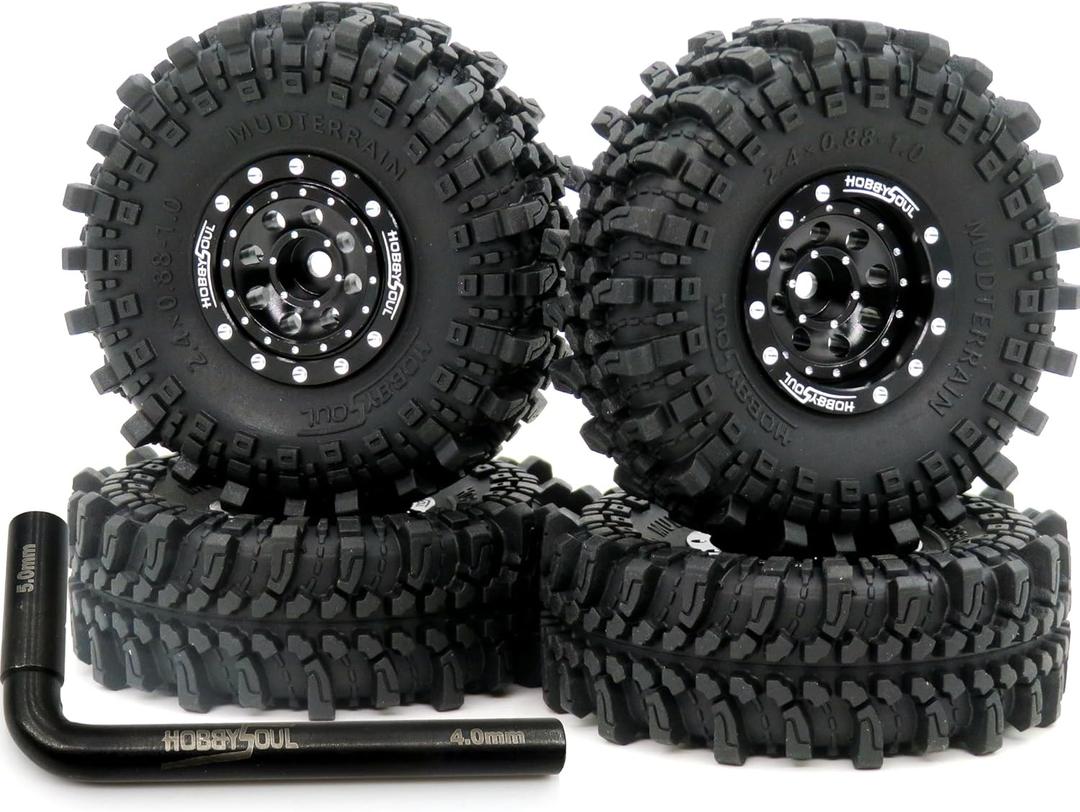 HOBBYSOUL RC 1.0 Mud Terrain Tires Tyres 61mm Tall & Adjustable Offset 1.0 beadlock wheels Rims For RC Mud Crawler 1/18 TRX4M 1/24 SCX24 FMS24 FCX24 Upgrades (Black)