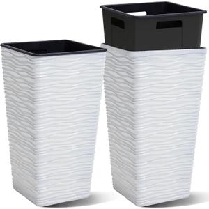 Worth Garden 2-Pack 22" H. White Square Tapered Planter with Inside Pots - Plastic Plant Pots for Indoor Outdoor - Modern Wavy Finish Decorative Flower Pots for Front Porch Containers Patio Deck