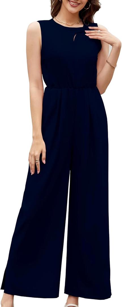 Gardenwed Women's Sleeveless Wide Leg Jumpsuit, Elegant Side Split High Waist Palazzo Pants Romper with Pockets Button Detail (L)