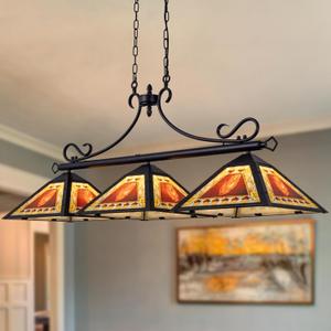 TOCHIC Pool Table Light - 49.5" Farmhouse Chandelier With 3 Tiffany Lights for Dining Room, Billiard Tables, Game Room, Basement, Bar - Rustic Leaves Fixture for 7, 8, 9 ft Tables