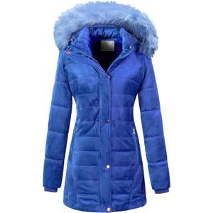 Chrisuno Women's Warm Winter Coat Velvet Puffer Jacket Quilted Faux Fur Hood (Blue)