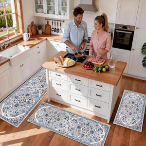 Boho Kitchen Rug Set, 3pcs Non Slip Bohemian Kitchen Rug, Washable Kitchen Floor Mat, Indoor and Outdoor Entryway Floor Mat, Foot Mat, Living Room Area Rug, Home Decoration (Blue & Beige)