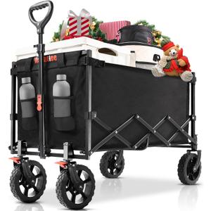 Navatiee 140L Wagon Cart Foldable, Large Capacity Collapsible Wagon with Smallest Folding Design, Utility Grocery Cart for Camping Shopping Sports, Black