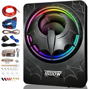 1600W Slim Underseat Subwoofer with Built-in Amp 10 Inch Sub | RGB Ambient Lighting, LPF/Gain/Bass Boost Controls, Individual Controls, Distortion-Free Deep Bass | Universal Fit for All Car