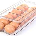 RoskDeewat Egg Holder for Fridge, Automatic Rolling Egg Container for Refrigerator, Stackable Fridge Organizers and Storage with Lid, Clear Plastic Egg Dispenser,Bin & Tray (1 Tier)