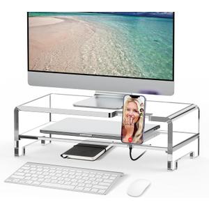 Acrylic Monitor Stand Riser Acrylic Laptop Stand Clear Computer Stand Laptop Riser with Storage Desk Organizer Accessories for Home and Office