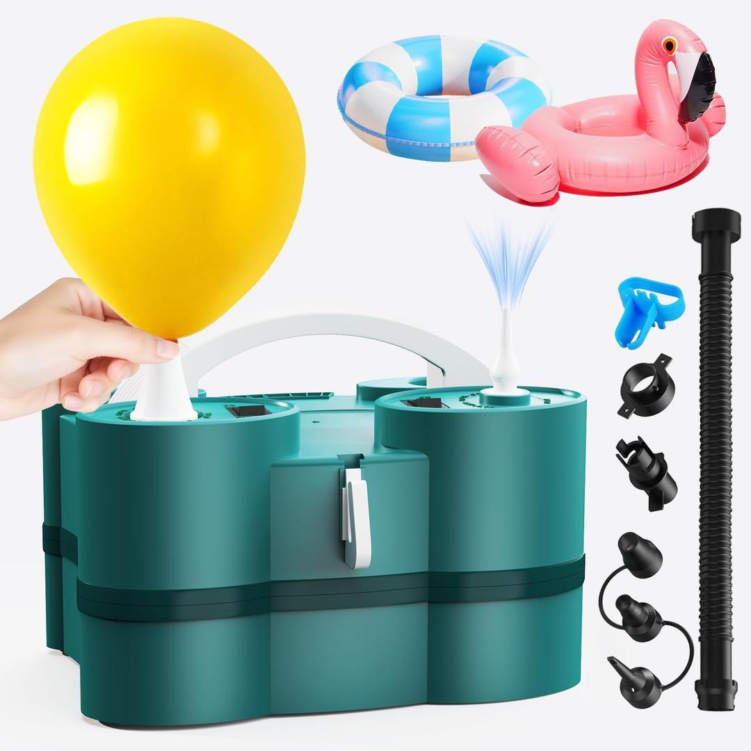 Electric Balloon Pump for Party Decorations Portable Inflator, Auto Shutoff, Balloon Air Pump Dual Nozzle , Green 110V 600W