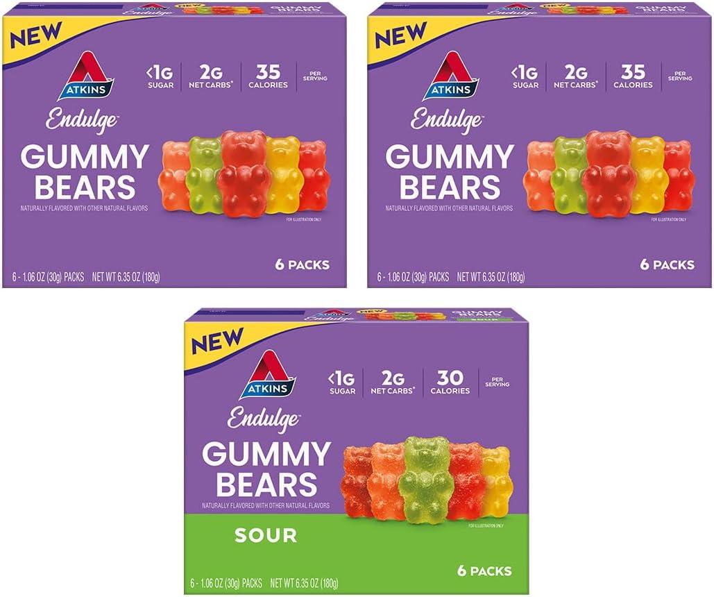 Atkins Endulge Gummy Bears Variety Pack, Low Sugar, Keto Friendly Candy, 18 Pack (12 Sweet Gummy Bears, 6 Sour Gummy Bears)