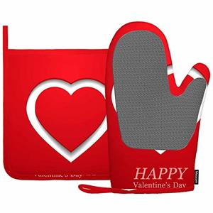 Mxocom Happy Valentine Day Greeting Card with White Heart Silicone Oven Mitts and Pot Holders Sets BBQ Gloves for Kitchen,Cooking,Baking,Grilling One Size
