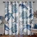 Nautical Coastal Curtains Decorative Beach Ocean Sea Turtle Coral 50% Light Blocking Sea Darkening Grommet Curtain For Villa Living Room, Bedroom Navy Blue and White 2 Panels Set, 52x63 Inches