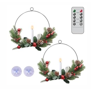 DRomance Christmas Wreaths Flameless Flickering Candle with Remote and Timer, 2 Pack Battery Operated LED Candle Christmas Wreaths Front Door Window Holiday Decor(17" x 15")
