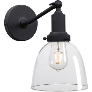 PERMO Industrial Vintage Slope Pole Wall Mount Single Sconce with 6.7" Oval Dome Clear Glass Shade Wall Sconce Light Lamp Fixture (Black)