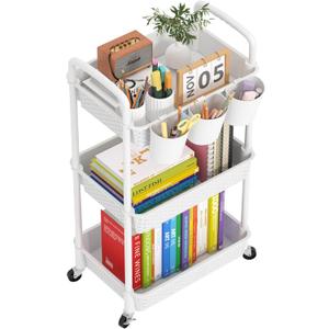 MOYIPIN 3-Tier Plastic Rolling Utility Cart with Handle,Utility Storage Cart for Office, Living Room, Kitchen,Movable Storage Organizer Shelves,White with 4 Hanging Cups White
