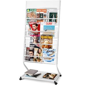 4-Tier Rolling Magazine Rack, White, 23.42"x15.15"x51.57"