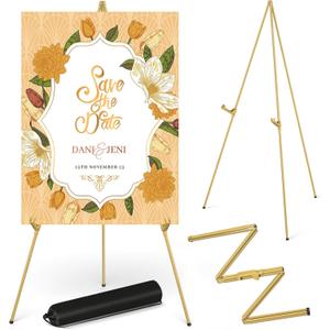 Display Artist Easel Stand - 63" Instant Tripod Collapsible Portable Floor Easel - Easy Folding Adjustable Art Poster Metal Stand for Display Show, Wedding, Painting - Gold