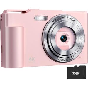 Digital Camera, FHD 4K Digital Point and Shoot Camera with 16X Zoom Anti Shake, 48MP Compact Small Camera with 32GB Card for Boys Girls Kids Shell Pink
