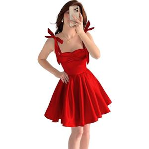 Satin Bow Straps Homecoming Dresses 2025 Pleated Mini Dress A Line Short Prom Dresses for Teens Party Gown,S