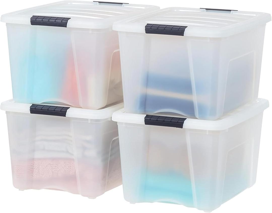 IRIS USA 40 Qt Stackable Plastic Storage Bins , 4 Pack - BPA-Free, Made in USA - Discreet Organizing Solution, Latches, Durable Nestable Containers, Secure Pull Handle - Pearl