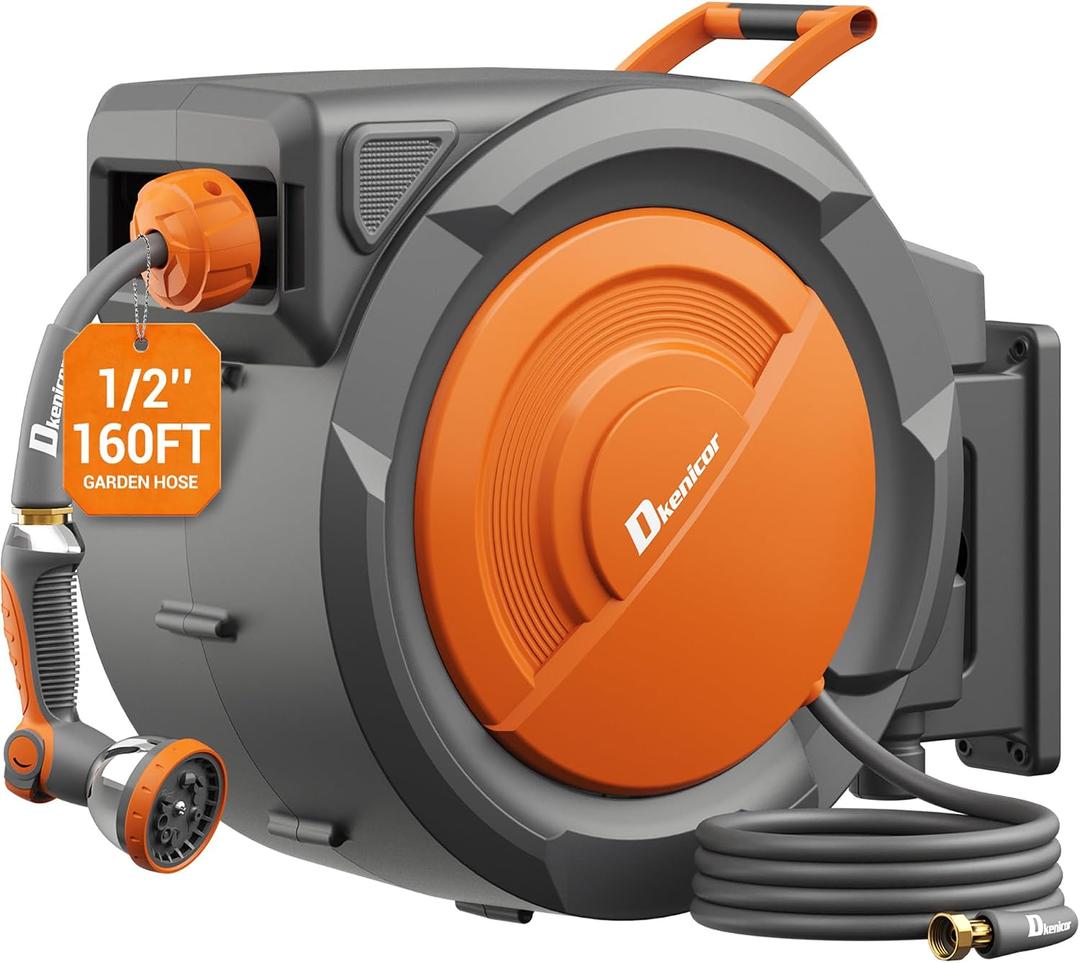 1/2" x 160 ft Retractable Hose Reel, Heavy Duty Retractable Garden Hose Reel Wall Mounted with 10-Pattern Hose Nozzle/Any Length Lock/Slow Return System/180Swivel Bracket,Orange