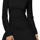 Women's Long Sleeve Mini Dress Sexy Boat Neck Pleated A-line Party Dresses, Size L