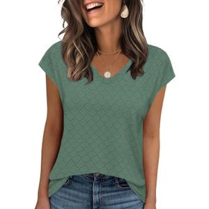Zeagoo Flowy Spaghetti Strap Summer Tops for Women Green Casual 2024 Eyelet V Neck Sleeveless Cute Blouses, Small