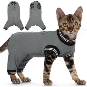 PUMYPOREITY Cat Recovery Suit for Hind Legs, Cat Surgical Spay Suit with Leg Sleeves to Stop Licking, Long Rear Sleeve Wound Cover Abdomen Kitten Onesie, Grey, L
