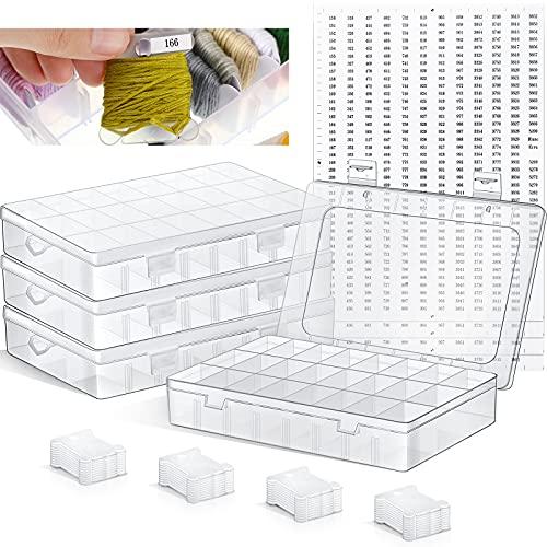 Queekay Embroidery Floss Organizer Box Set, Includes Compartments Cross Stitch Organizer Box, Plastic Floss Bobbins and 1790 Number Stickers for Thread Sewing, 4 Sets(24 Grids,50 Pcs)