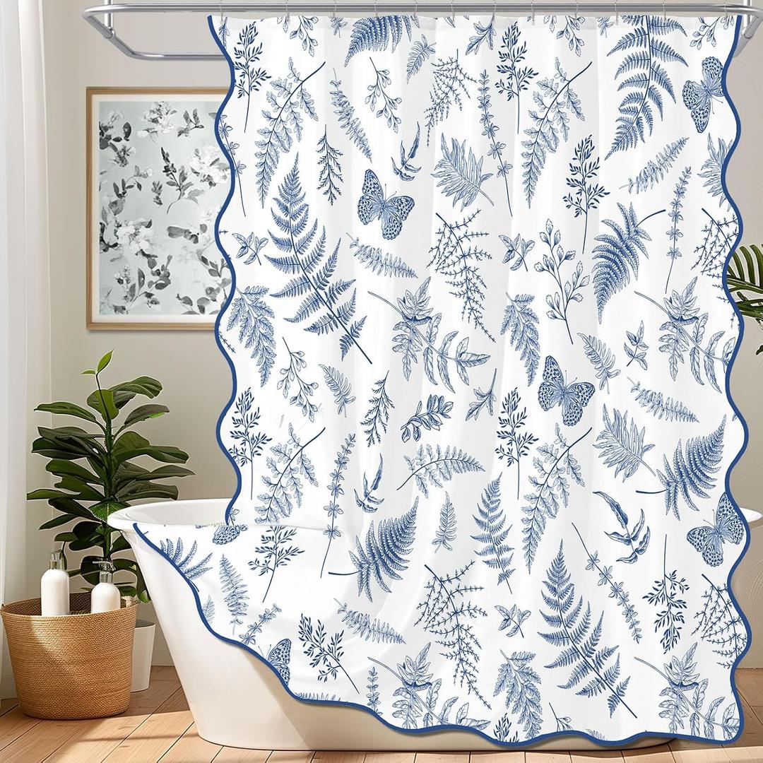 ORTIGIA Blue White Leaf Shower Curtain,Floral Botanical Butterflies Cute Scalloped Shower Curtain Waterproof Fabric Spring Summer Bathroom Decor with Metal Hook 72 W x 72 H Inch