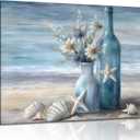 Blue Beach Ocean Flower Canva Wall Art Coastal Seascape Floral Vase Poster Picture Starfish Conch Theme Painting Rustic Shell Print for Bedroom Bathroom Living Room Office Wall Decor Framed (16"L x 24"W)