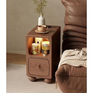 Solid Wood Bedside Table with Charging Function, Ultra-Thin Design, Drawer & Open Storage, for Bedroom, Office, and Living Room(Brown)
