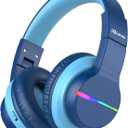 iClever BTH12 Kids Bluetooth Headphones,Colorful LED Lights Kids Headphones Wireless,74/85dBA Safe Volume,85H Playtime,Fast Charging,Bluetooth 5.2,Over Ear,Builtin Mic for iPad/Tablet/Airplane,Blue
