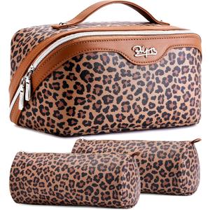 BOYATU Travel Makeup Bag for Women: 3 Pcs Set Portable Make up Bags with Handle - Leopard Print Cosmetic Bags with Comparments - Waterproof Vegan Leather Toiletry Bag (01-A-Brown)