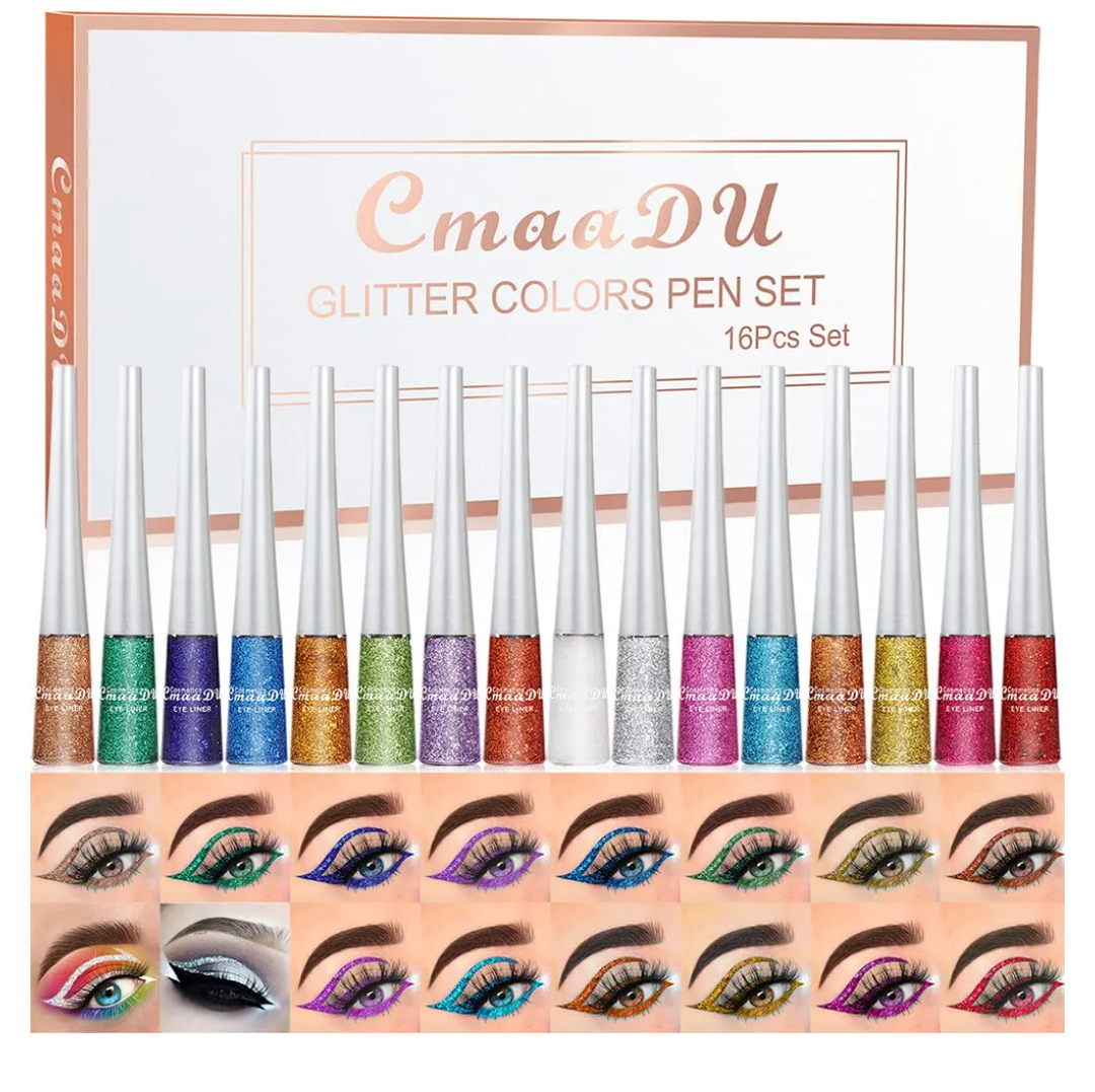 BONNIE CHOICE 16 Colors Glitter Eyeliner Liquid Set, Metallic Glitter Liquid Eyeshadow, Waterproof Long Lasting White Silver Rose Gold Pink Colorful Rainbow Eyeliners Valentine's Day Gifts for Women