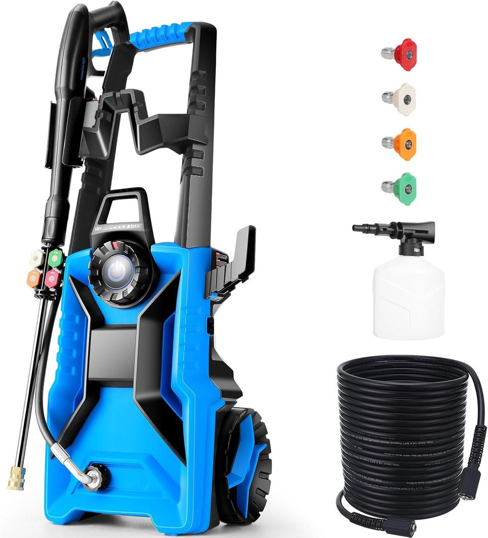 Electric Pressure Washer 5000 PSI 4.0 GPM Adjustable Pressure, Power Washers Electric Powered with 33ft Pressure Hose, 4 Nozzles and 500ml Foam Cannon, Powerwashers for Home, Car, Blue (1500W)