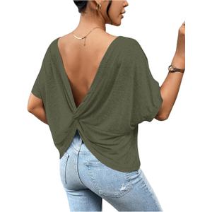 Women's Backless Twist Knot T Shirt Oversized Solid Short Sleeve Tees Open Back Asymmetrical Hem Casual Tops (Beige, L)