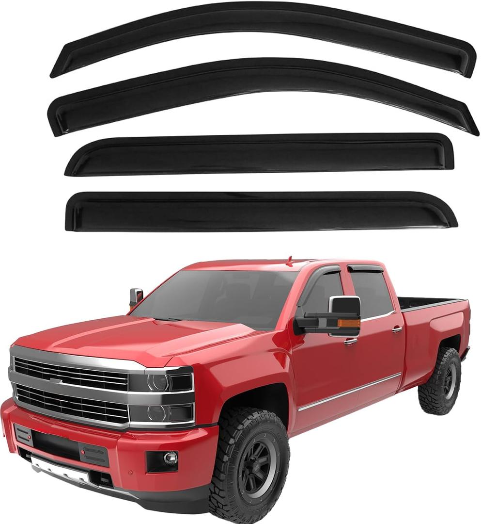 LIKDIKDIK Black Window Visors Rain Guards Deflectors for 2014-2018 Chevy Silverado 1500 & GMC Sierra 1500, 2015-2019 2500HD 3500HD Crew Cab, 4-Piece Out-Channel Vent Visors,Truck Accessories