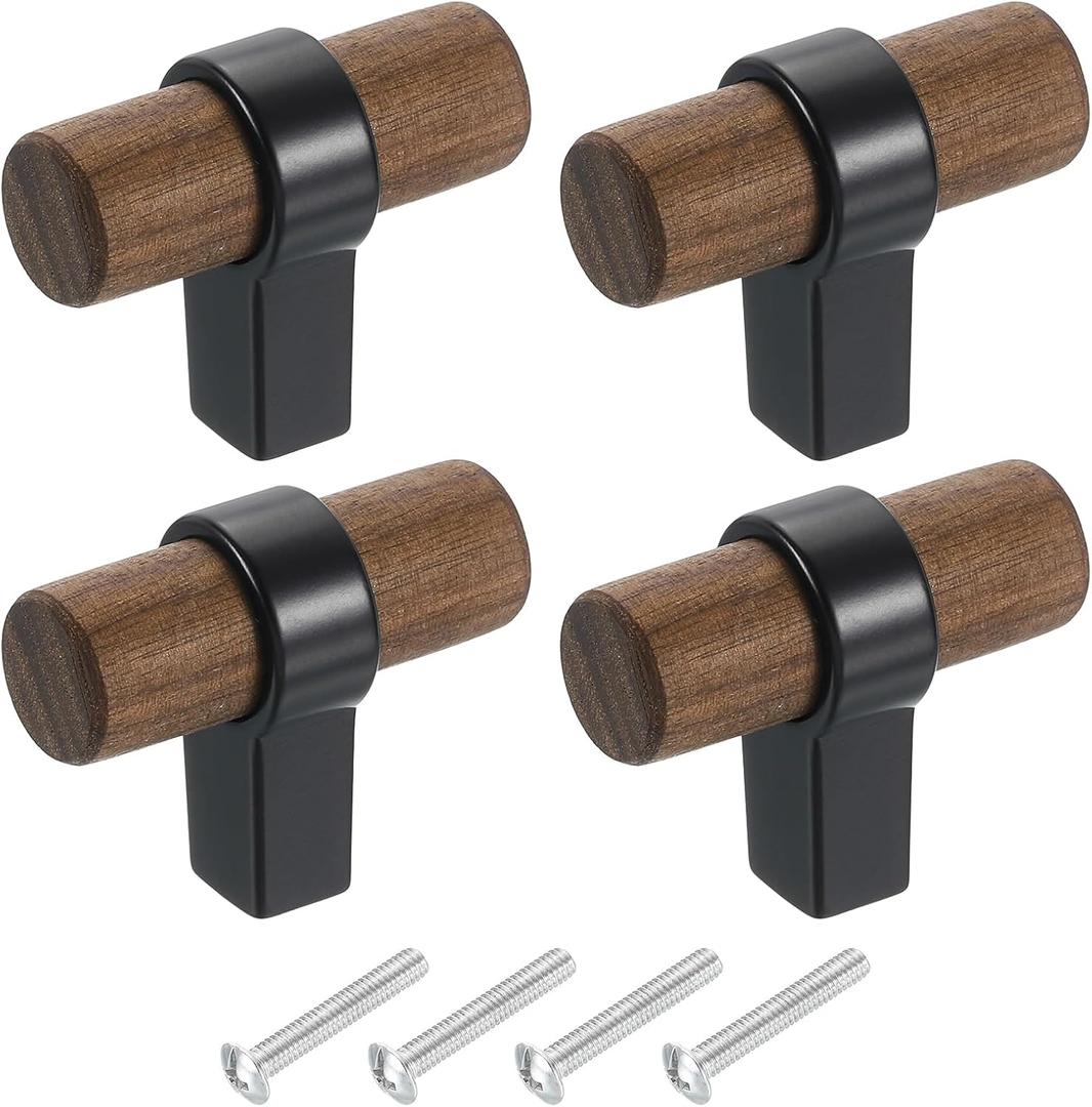 uxcell 4Pcs T-Bar Wooden Drawer Pulls, 1.57" x 0.71" Wood Cabinet Pulls Single Hole Drawer Knobs with Black Base and Screws for Home Kitchen Room Closet Cupboard, Dark Walnut