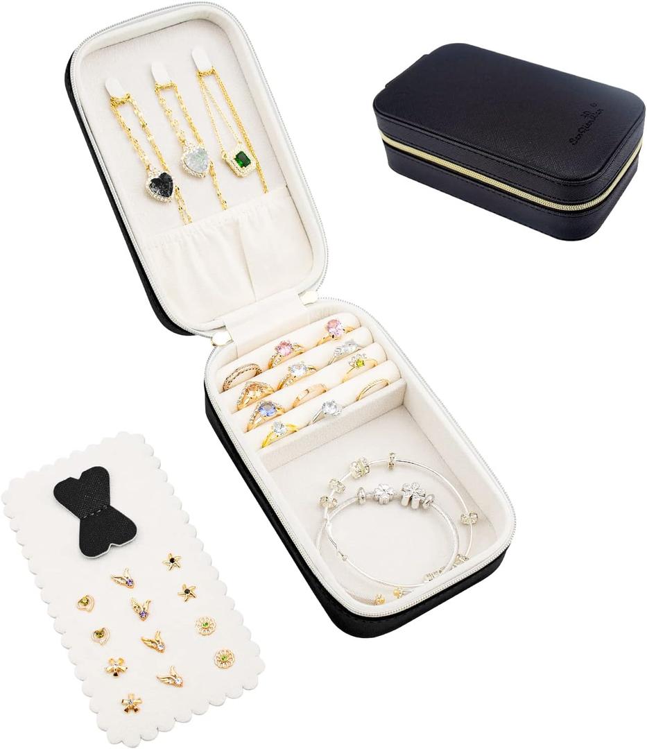 BONNY DODO Small Travel Jewelry Organizers Box for Women with PU Leather Portable Mini Jewelry Case with Compartments for Necklace Rings Earrings,Luxury Giftable Boxes (Black, M) (M, Black)