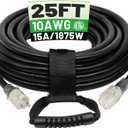 POWGRN 25 Ft 10AWG Black Outdoor Extension Cord Waterproof Heavy Duty 10 Gauge 3 Prong, Flexible Cold-Resistant Power Cord Indoor & Outside with Lighted Indicator End, 15Amp 1875W SJTW ETL Listed