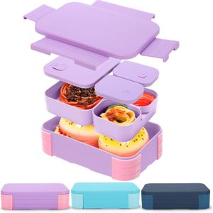 Vesici 3 Pack Bento Box, Bpa-free, 3 Compartment Leak Proof Lunch Snack Box with Lids Meal Prep Food Storage Container for Fridge Microwave Safe Work(Deep Sea Blue, Lake Blue, Purple)