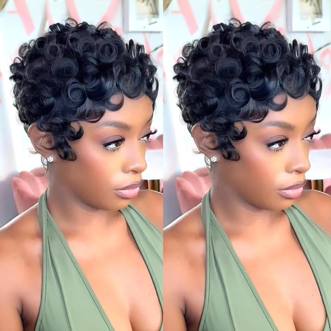 Curly Wave Short Wig for Black Women 1B Black Color Pixie Cut Wig Synthetic Wave Layered Haircut None Lace Front Wigs with Bangs for Daily Use