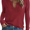 PRETTYGARDEN Long Sleeve Shirts for Women Waffle Knit Tops | V Neck Basic Tee, Loose Fit, Trendy Tunic Top, Dressy Casual Blouses, Early Fall Fahion, Winter Clothes, Work & Everyday Wear (Red, S)