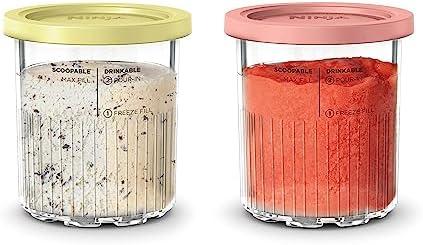 Ninja Creami Deluxe Pints 2 Pack, Compatible with NC500 Series Creami Deluxe Ice Cream Makers, Genuine Ninja Pint, BPA-Free & Dishwasher Safe, Color Lids, 1 Pint Each, Clear/Coral/Yellow, XSKPNTLD2​
