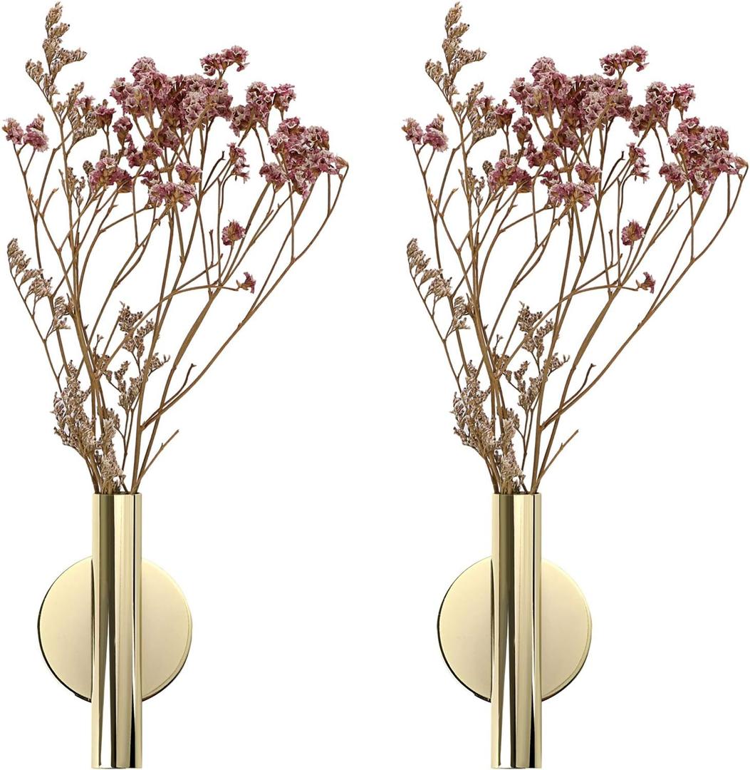 JUXYES Pack of 2 Wall Flower Vase Tube Metal Flower Vase with Sticker, Modern Dried Flower Holder Wall Decoration for Porch Home Office (Gold)